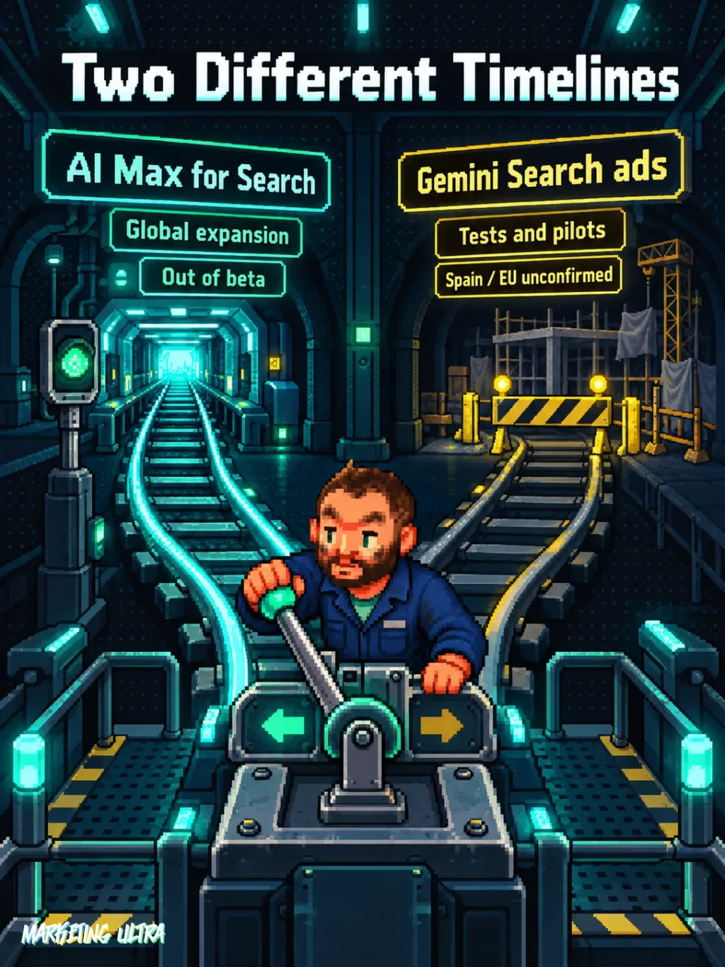 The mascot separates an open AI Max track from a Gemini ads track still blocked by testing barriers.