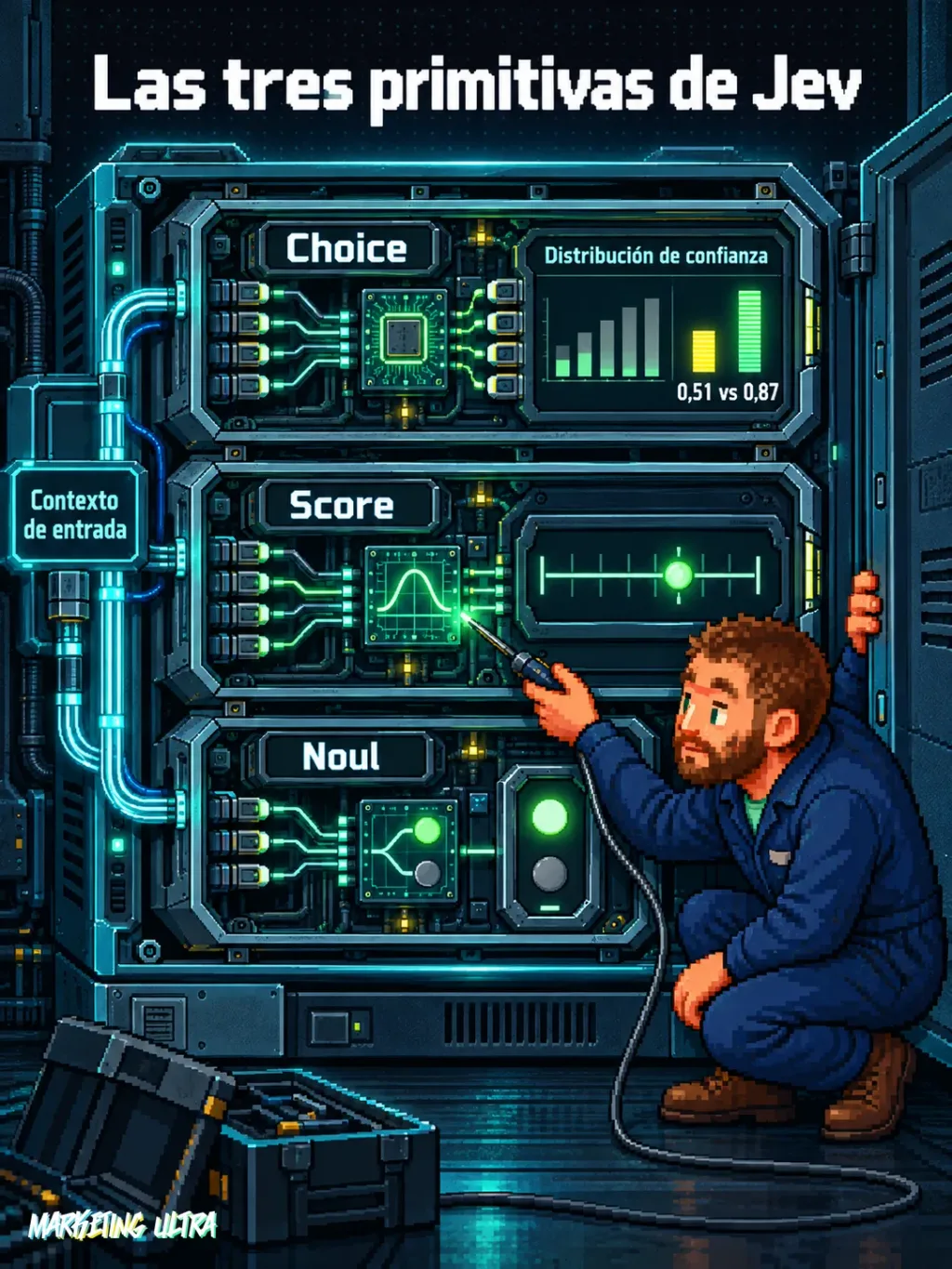 Corte transversal de máquina con tres cámaras (Choice, Score, Noul), salidas estructuradas y barras LED de confianza; mascota señala la cámara Score con sonda.