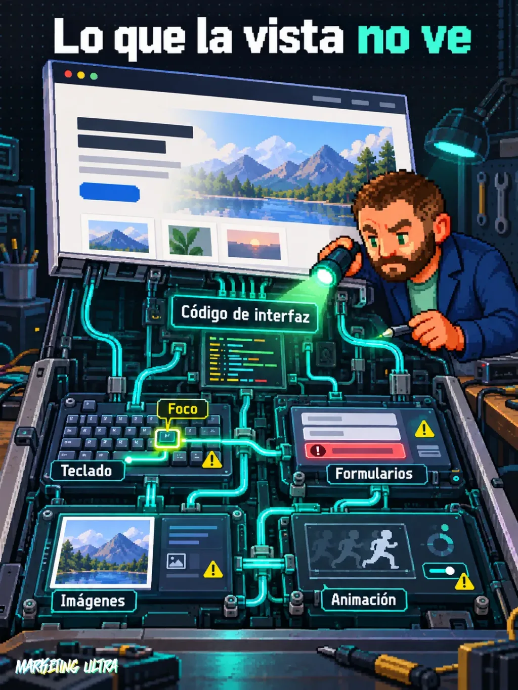 Mascota inspecciona una interfaz abierta que revela teclado, foco, formularios, animación e imágenes.