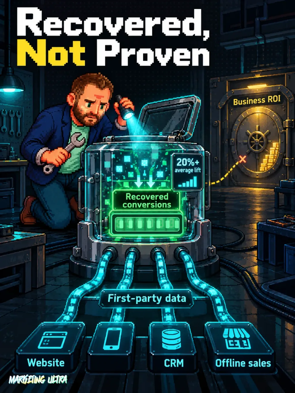 The mascot inspects a meter recovering conversions from several sources, separated from an ROI vault.