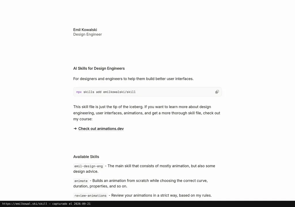La web oficial de Emil Design Engineering (Emil Kowalski Skills)