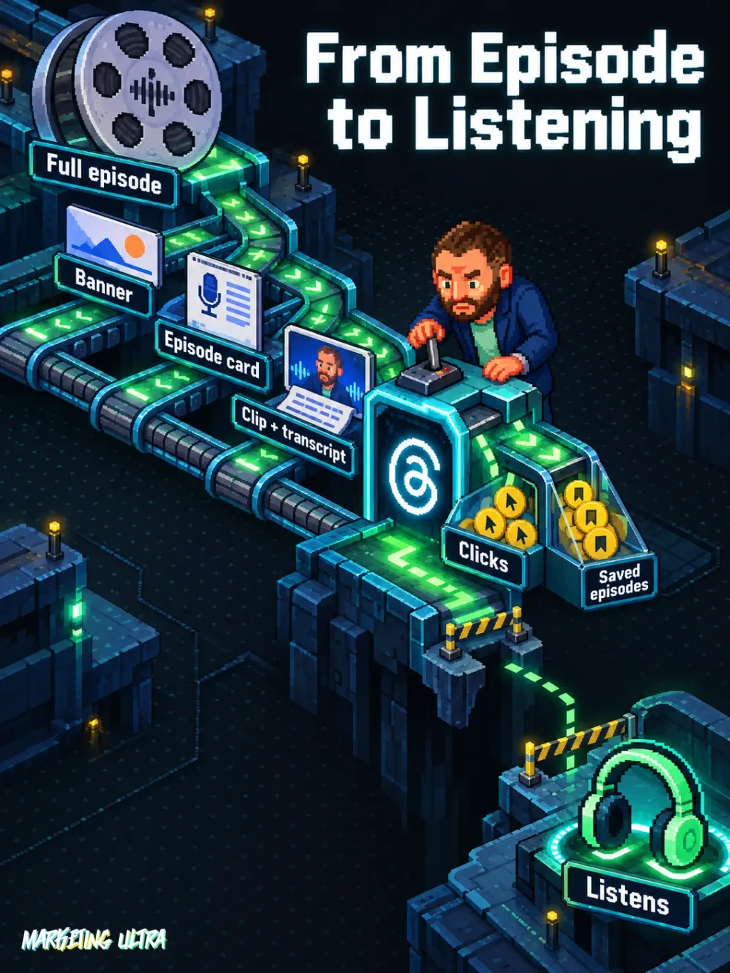 One episode splits into a banner, card and clips; Threads measures clicks and saves before a separate listening station.