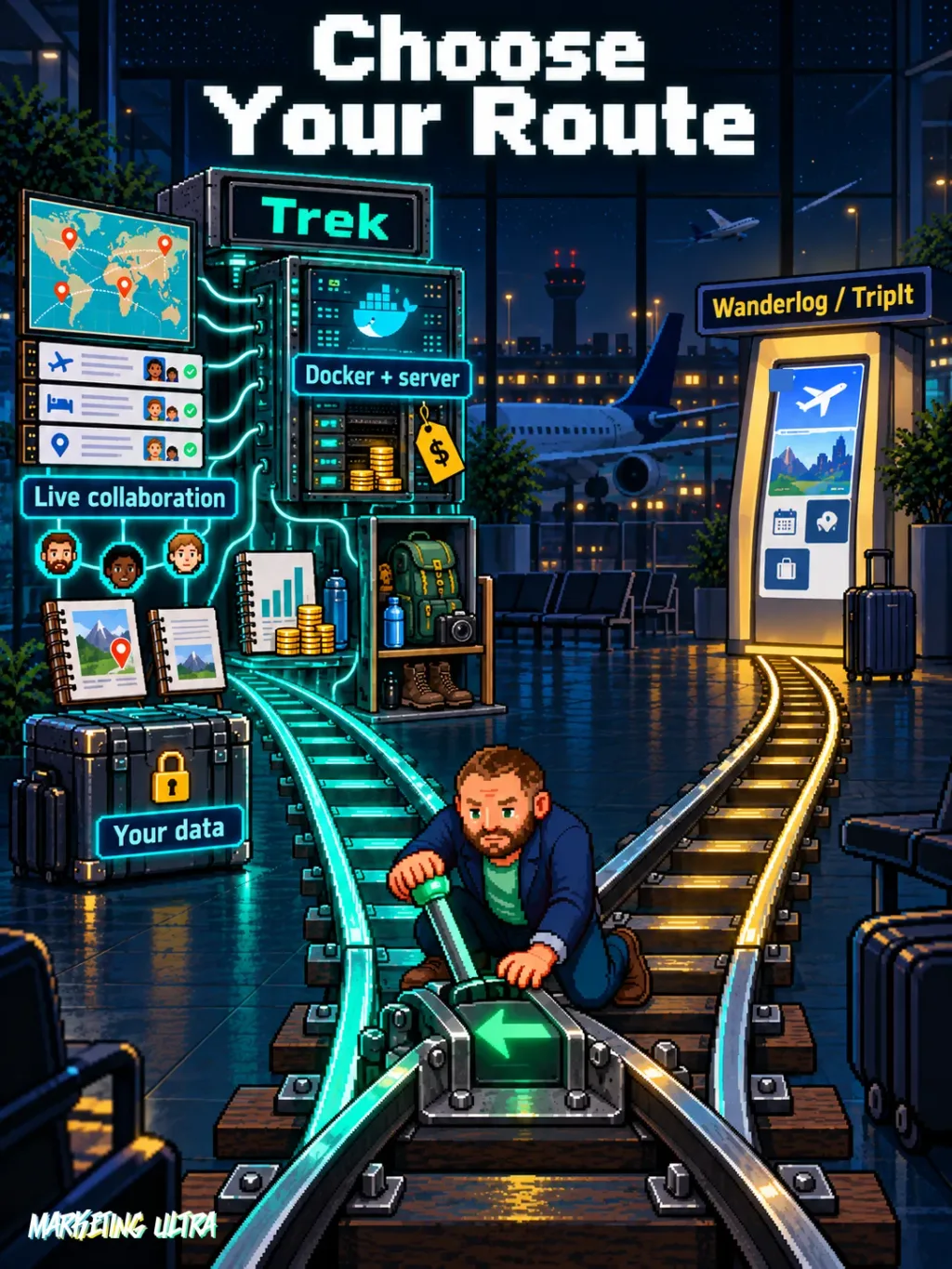 A mascot operates a rail switch between Trek’s self-hosted route and a simpler SaaS alternative.