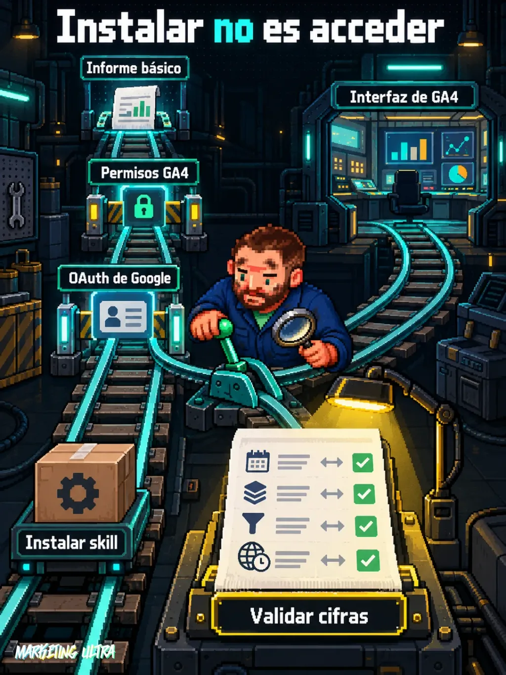 Mascota cambia una vía entre GA4 web y terminal, donde OAuth, permisos y validación desbloquean un informe.