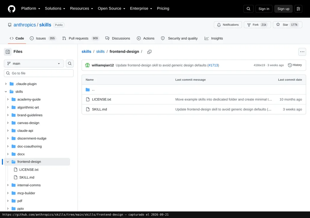 La web oficial de Frontend Design de Anthropic