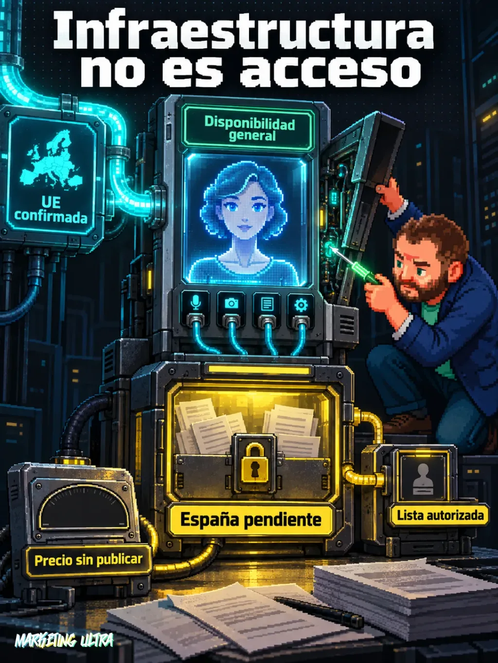 La mascota inspecciona un avatar conectado a la UE y una compuerta contractual española aún cerrada.