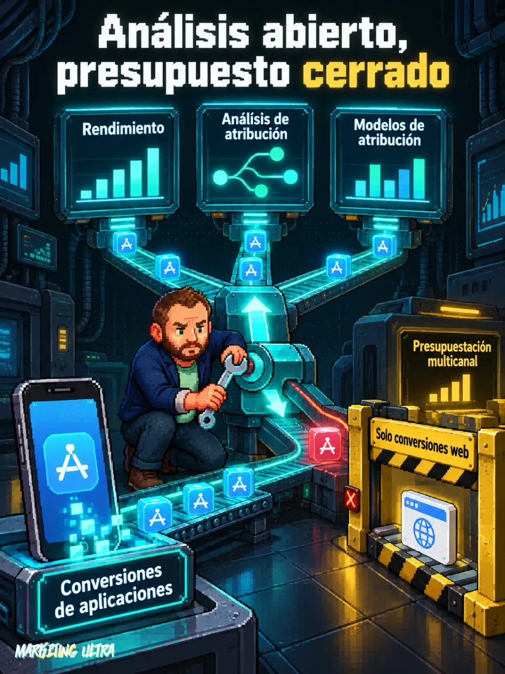 Mascota dirige conversiones de app a informes, mientras una compuerta bloquea su uso en presupuestación web.