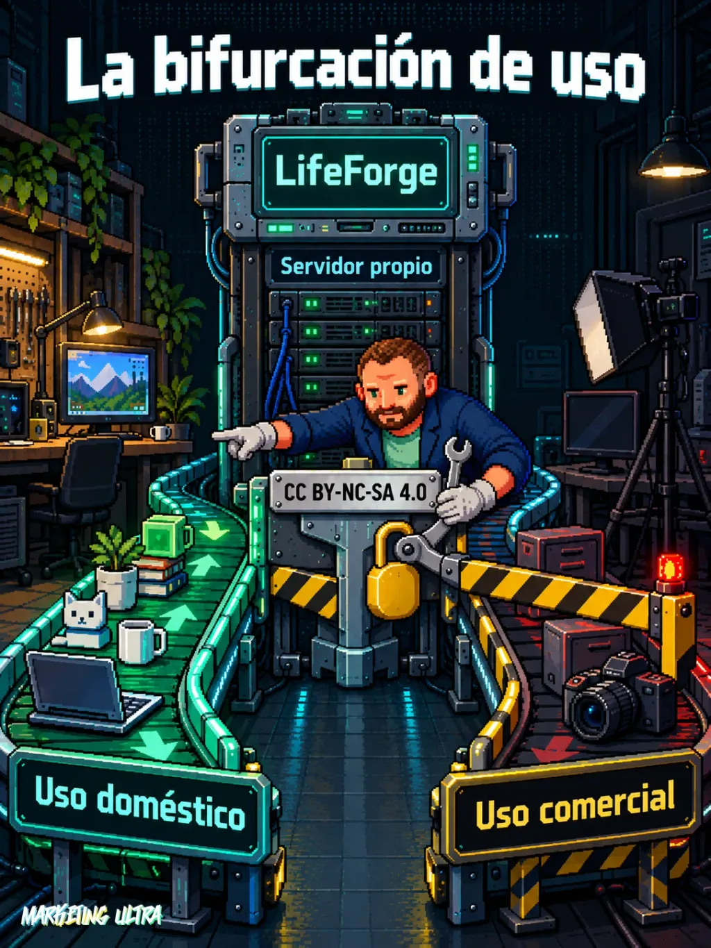 Mascota revisa una barrera de licencia que separa LifeForge para casa del uso comercial bloqueado.