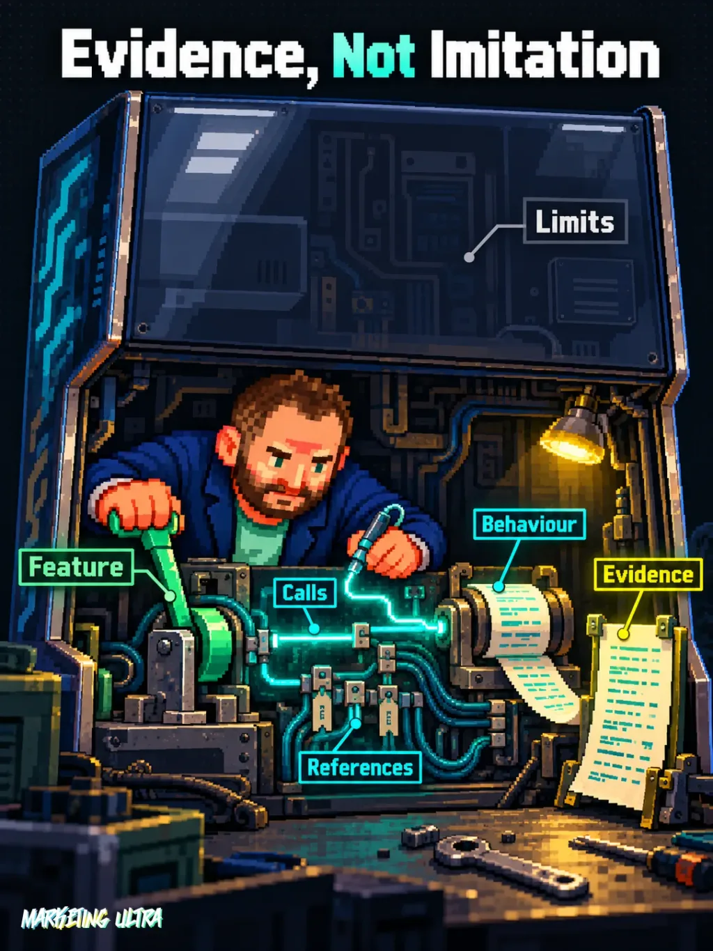 Mascot inspects an open machine and follows a feature’s traces to evidence, leaving areas unverified.