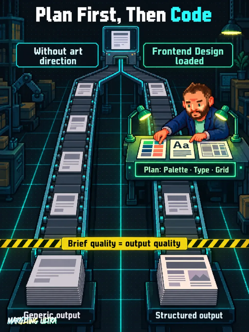 Pixel-art workshop split into two lanes: left belt runs straight to a flat generic webpage stack; right belt stops at a lit planning desk before a more structured output.
