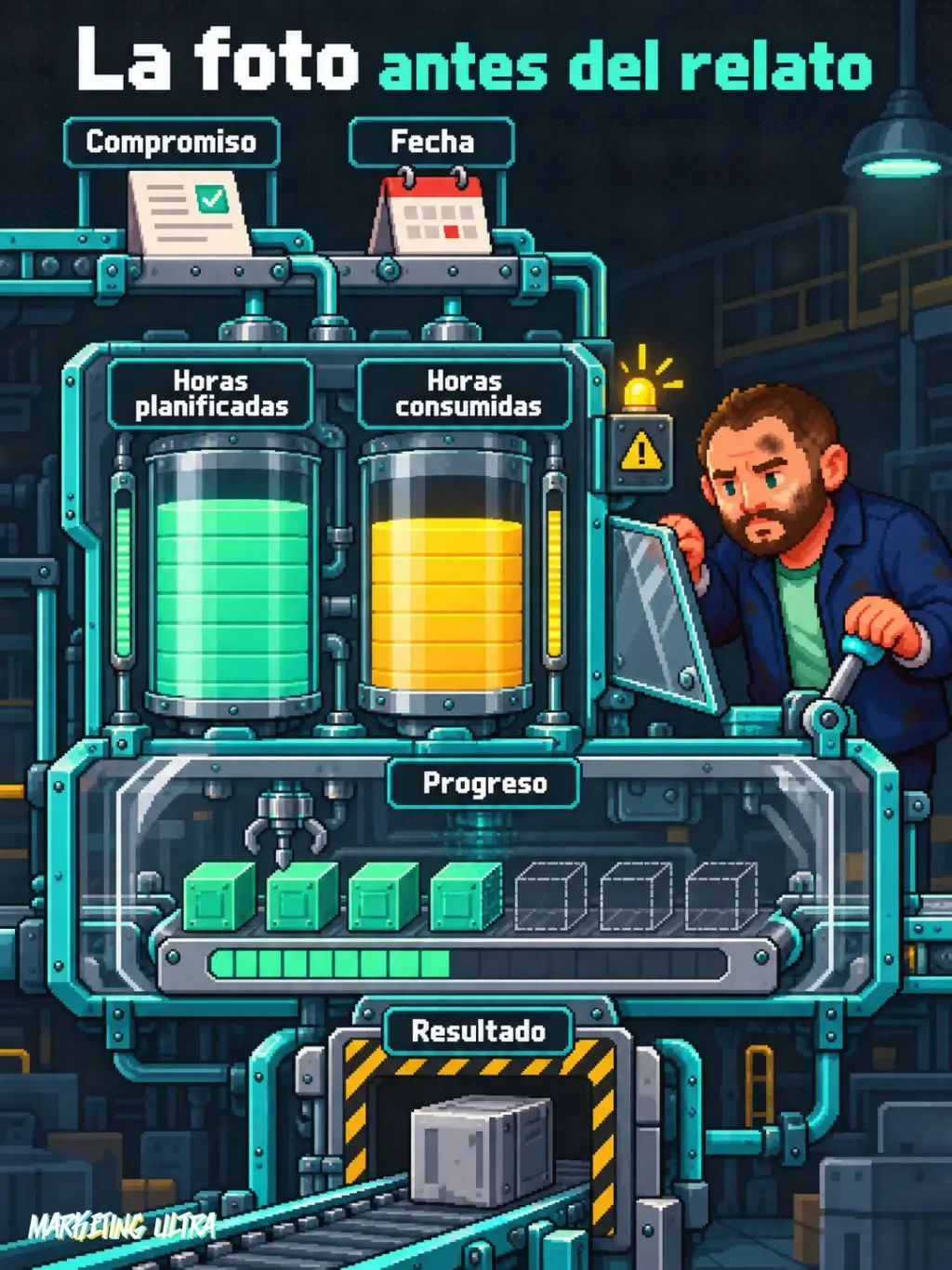 Mascota inspecciona una máquina abierta que conecta compromiso, horas, progreso y resultado.