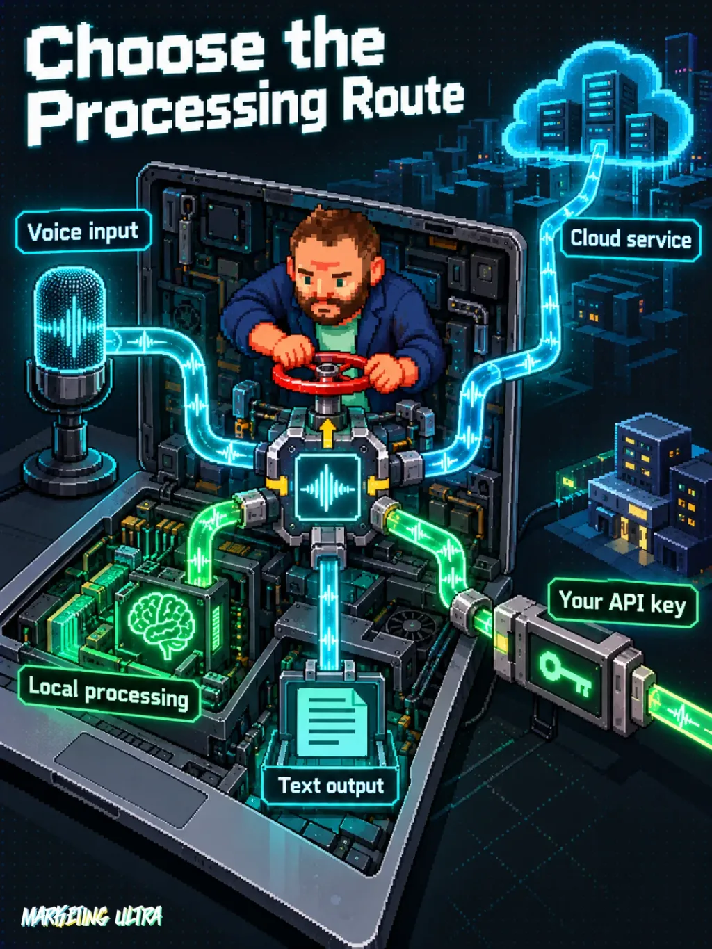 Mascot inspects an open laptop where dictation branches into local processing, cloud, and API-key routes.