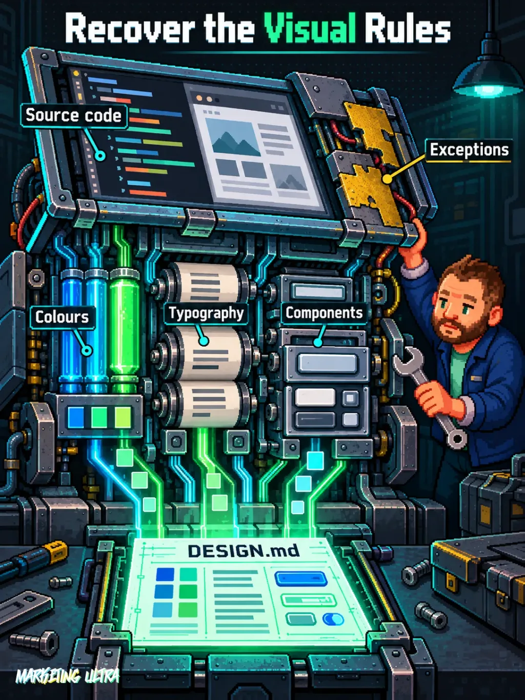 Mascot opens a website engine and extracts colour, typography and components into a DESIGN.md blueprint.