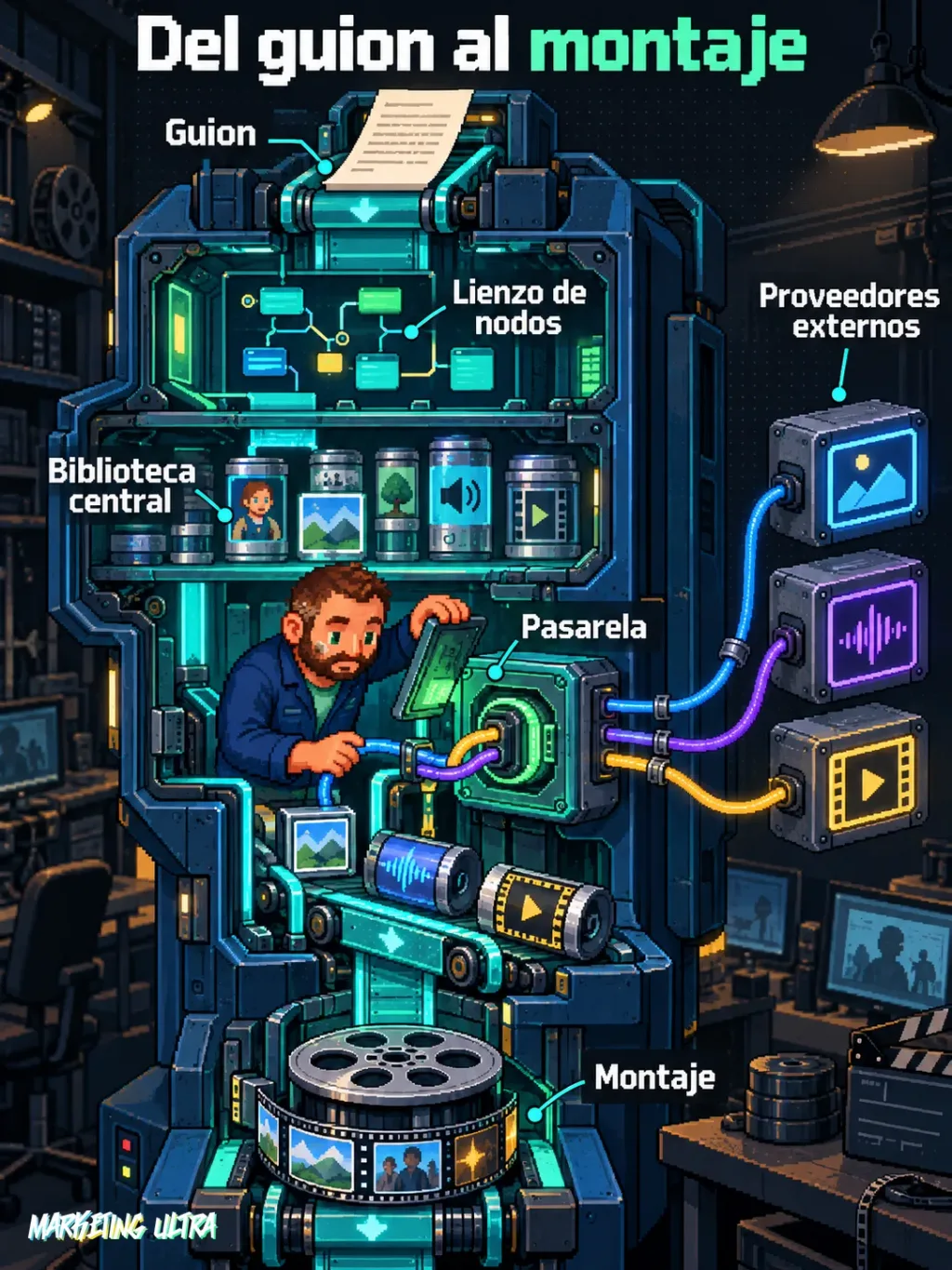 Corte de una máquina donde un guion pasa por nodos y biblioteca hacia proveedores externos antes del montaje.