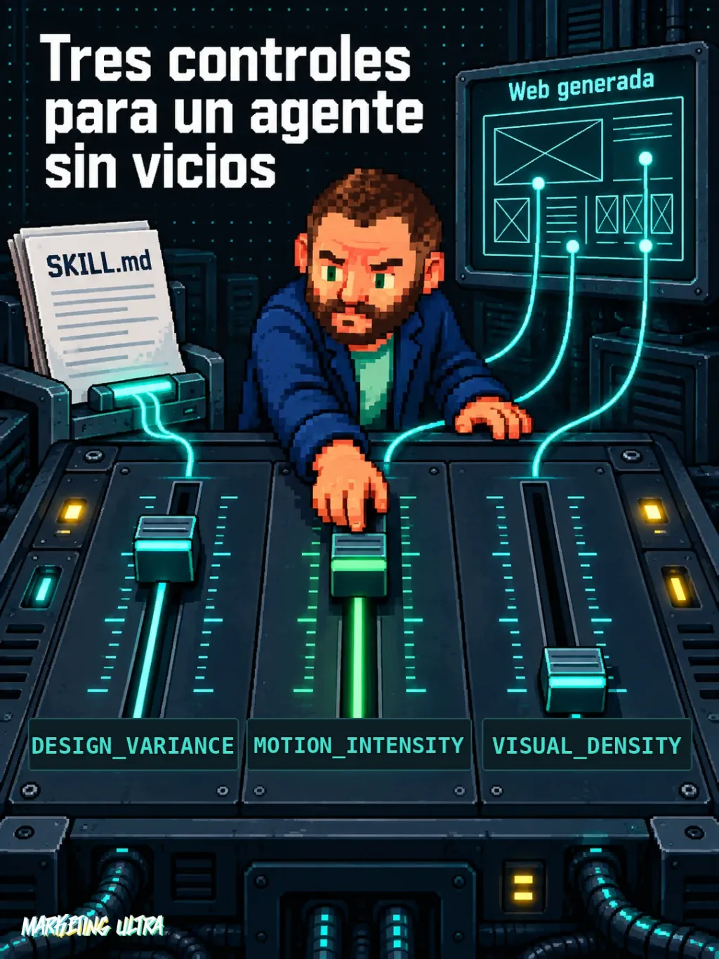 Mesa de control con tres faders (DESIGN_VARIANCE, MOTION_INTENSITY, VISUAL_DENSITY); mascota ajusta el central con concentración