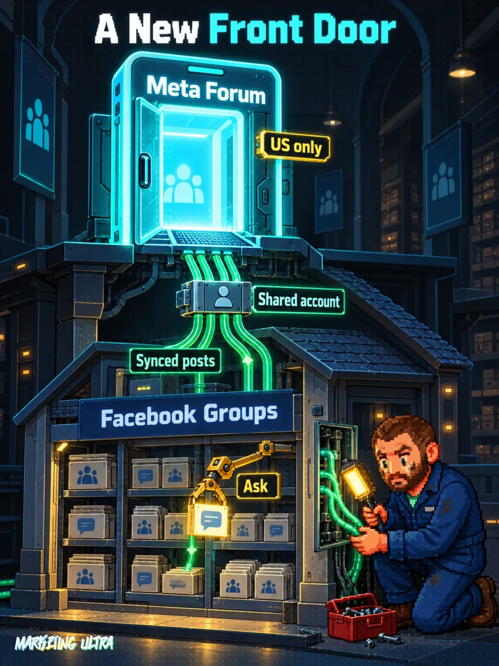 Mascot inspects cables connecting the Meta Forum doorway to the existing Facebook Groups archive.