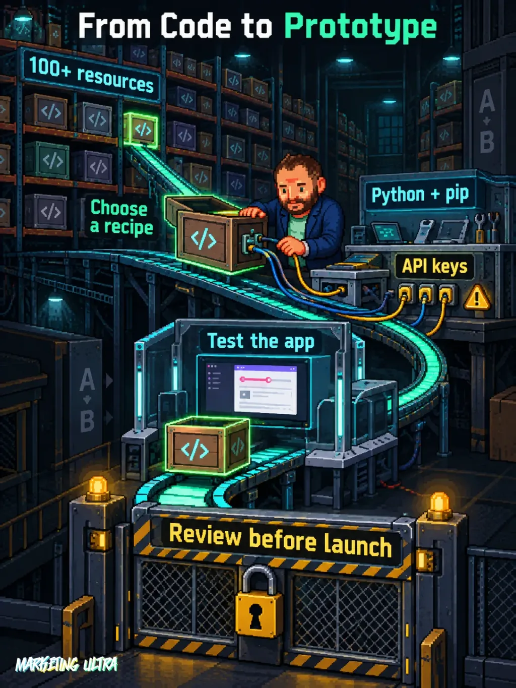 The mascot guides a selected app from a catalogue of 100+ resources toward a review gate.