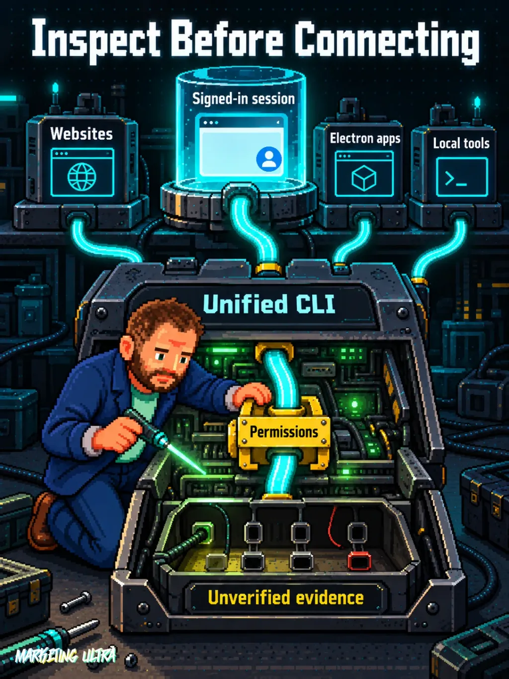 Mascot inspects a CLI console connected to an authenticated session, tools, and an unverified-evidence compartment.