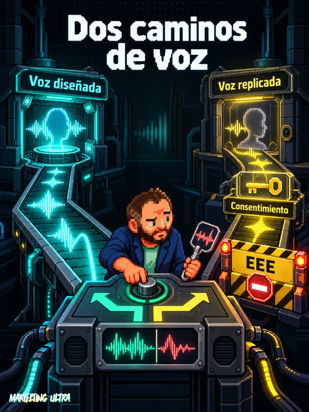 Mascota ante dos rutas: voz diseñada abierta y voz replicada frenada por consentimiento y barrera del EEE.