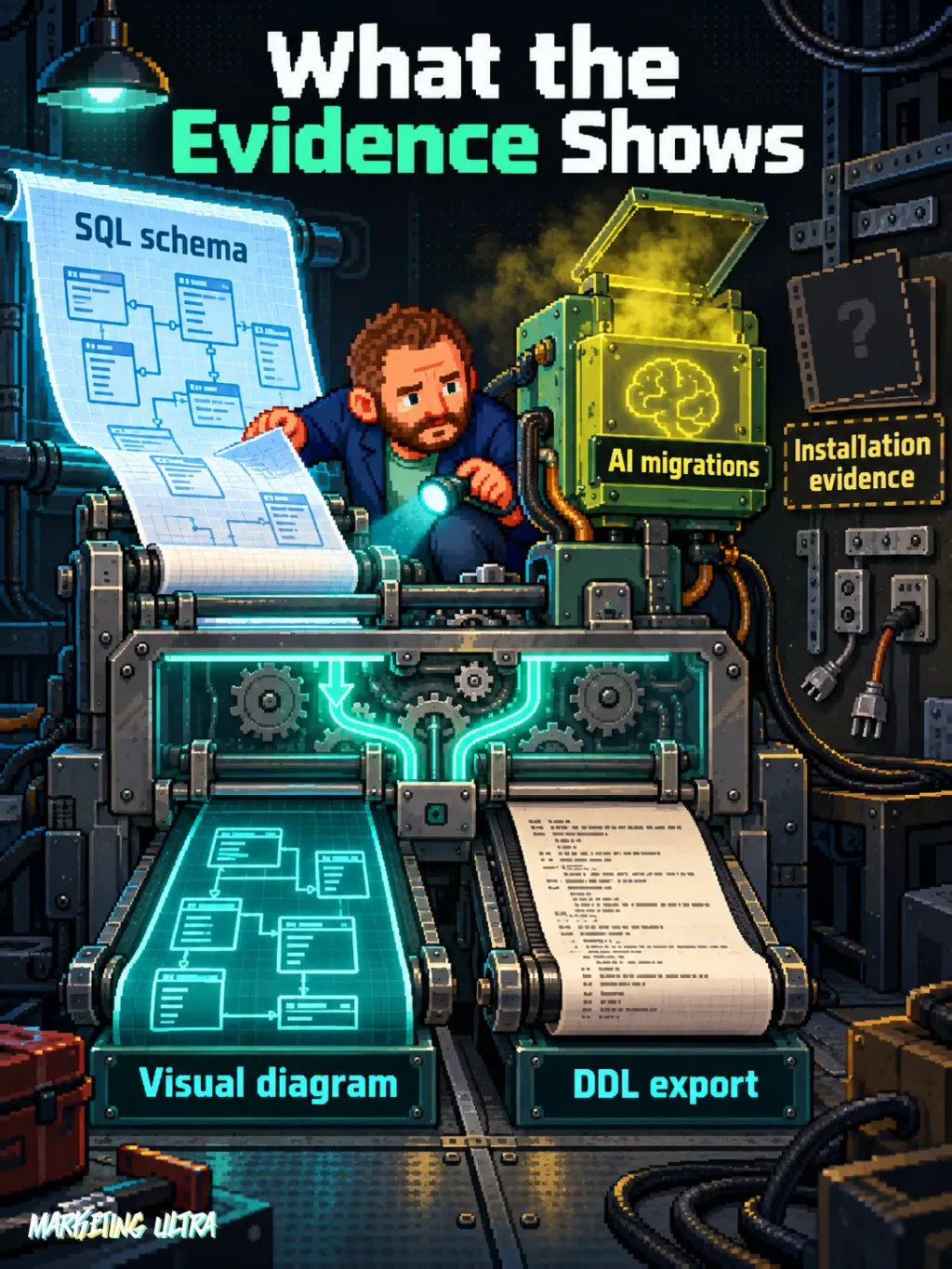 The mascot inspects a machine turning an SQL schema into a diagram and DDL, with AI and installation still uncertain.
