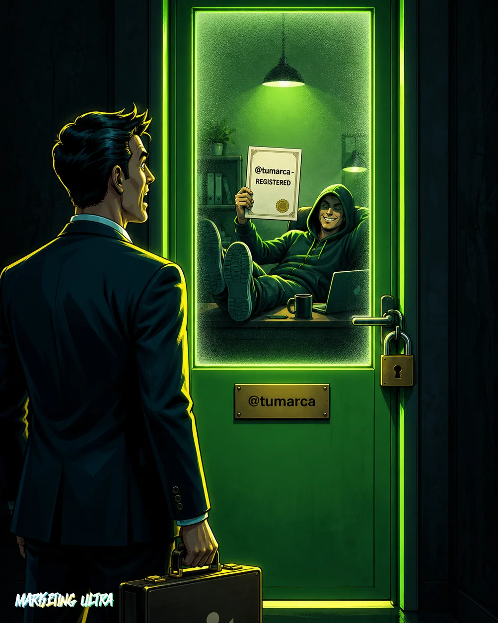 Ilustración de un empresario en traje bloqueado ante la puerta de su propia marca en WhatsApp, mientras un especulador dentro ya la ha registrado.