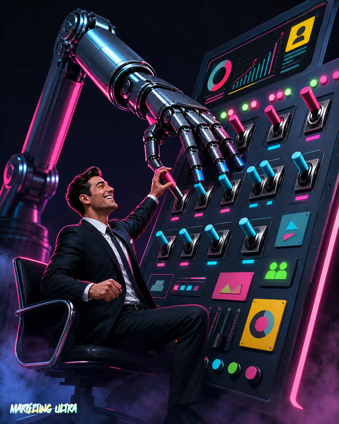 A marketing manager grins confidently gripping a decorative steering wheel bolted to a wall labeled 'Manual Override' while TikTok campaign dashboards behind them run entirely on autopilot.