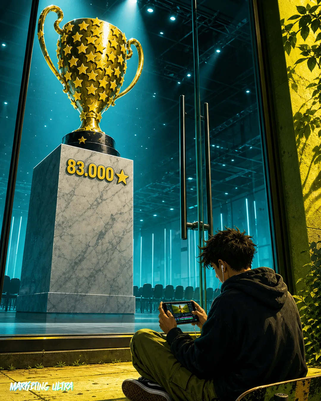 Un trofeo repleto de estrellas de GitHub brilla solo en una sala de conferencias vacía mientras un creador de contenido, ajeno a todo, edita en CapCut sentado al otro lado del cristal.