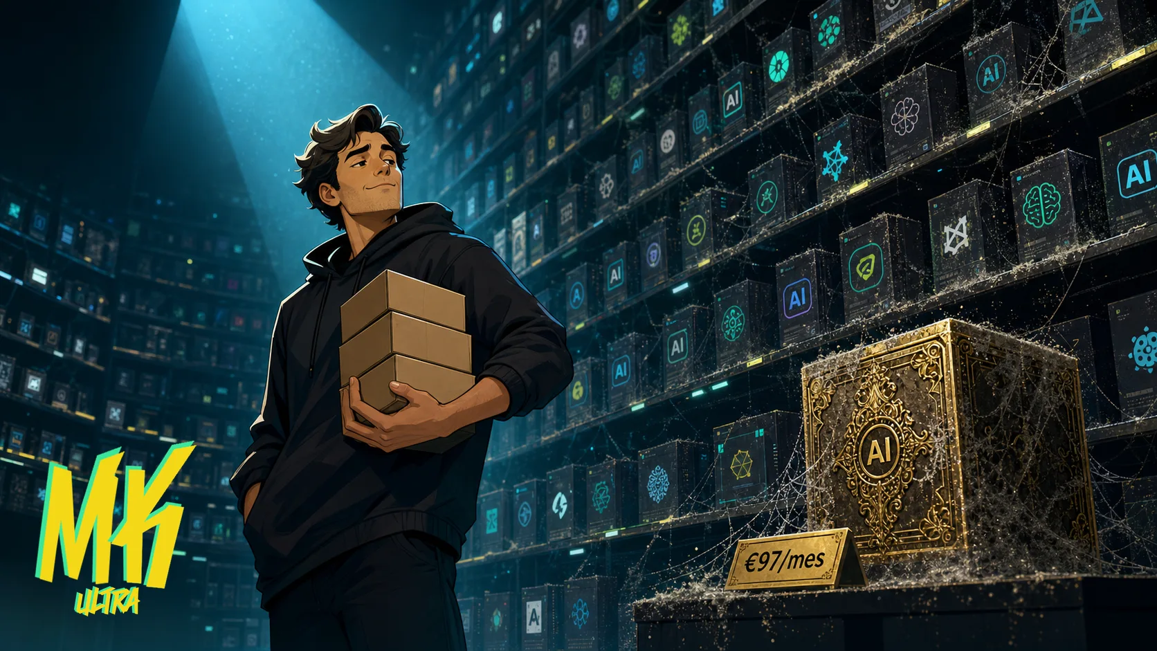 Persona en una biblioteca digital abarrotada elige solo tres plugins de IA entre cientos de cajas polvorientas, ignorando una dorada etiquetada a 97 euros al mes.