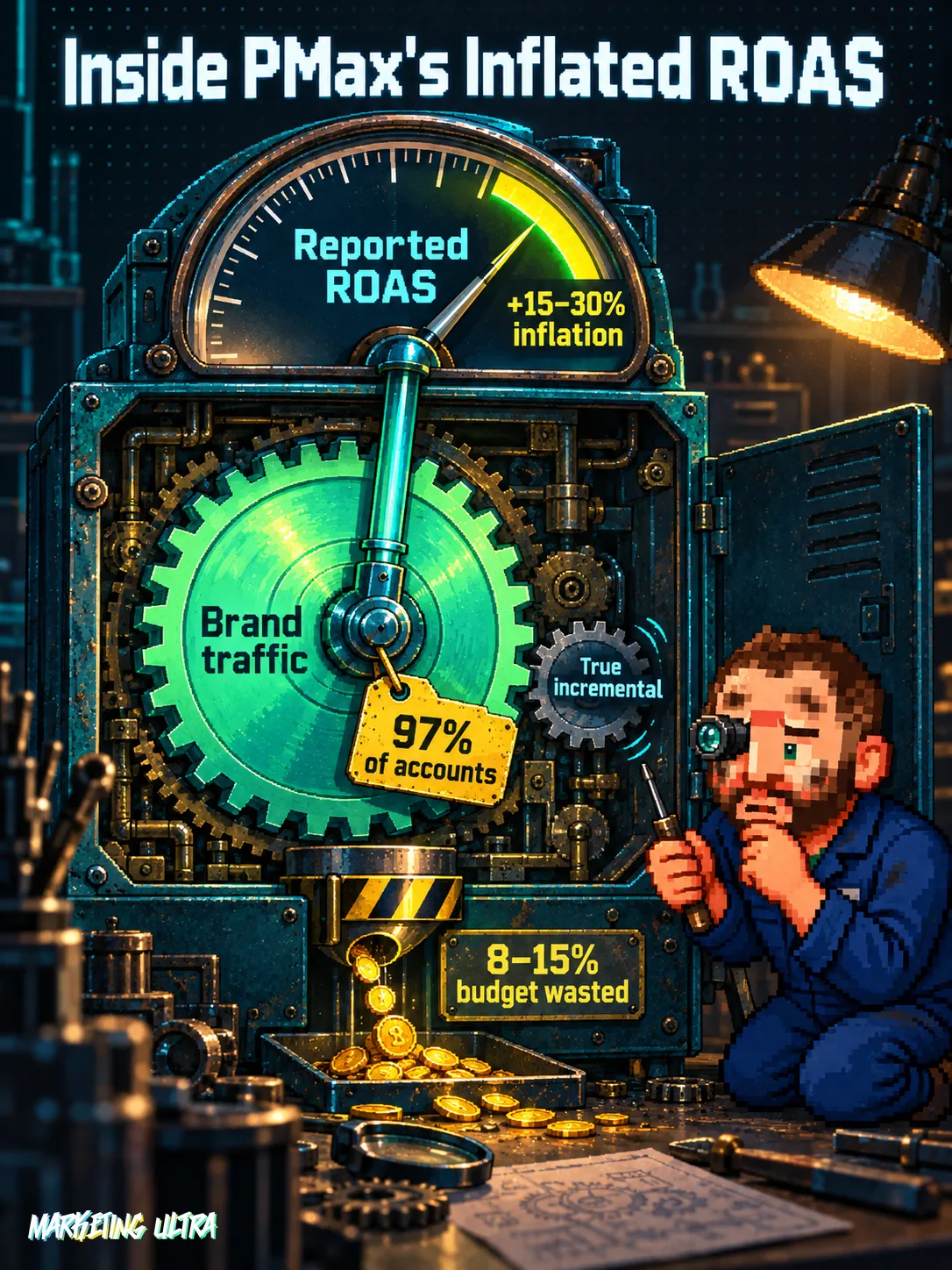 PMax ROAS gauge opened on a repair bench; a giant brand-traffic gear overwhelms a tiny true-incremental cog inside.