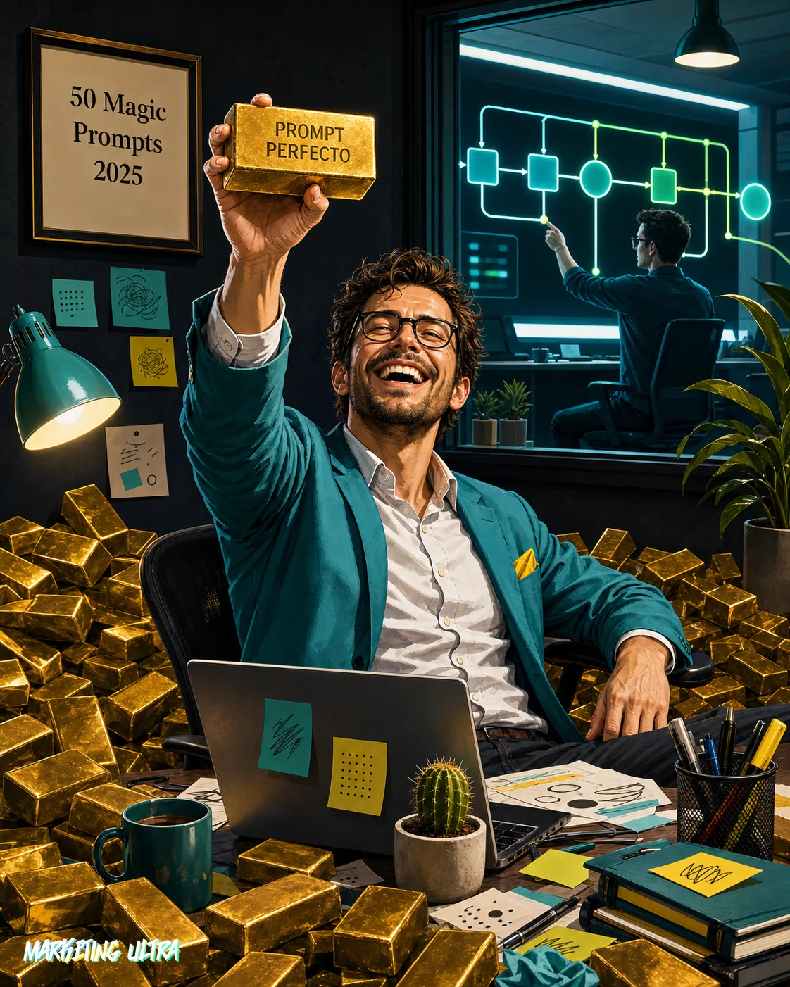 A marketing professional calmly operates their own custom AI flow system at a control panel while a bin overflows with generic 'best prompts' printouts and faceless corporate platform machines run unsupervised through the window behind them.