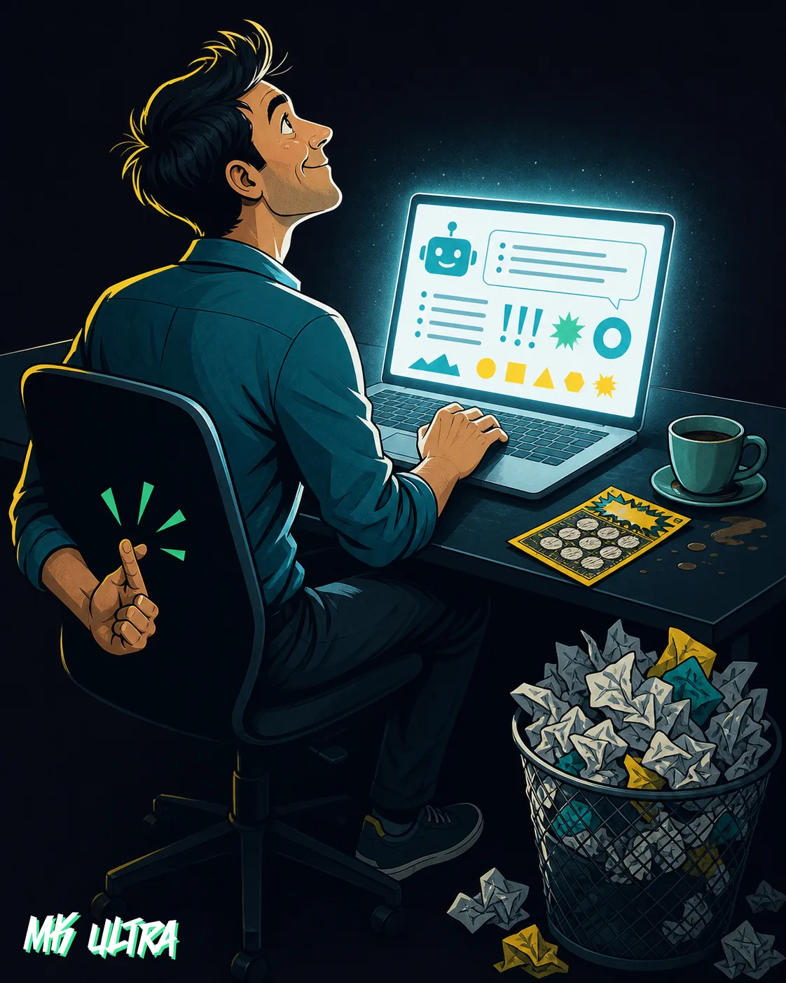 Marketer cruzando los dedos bajo la mesa mientras escribe tres palabras en un chatbot que responde con texto genérico y plantillas vacías.