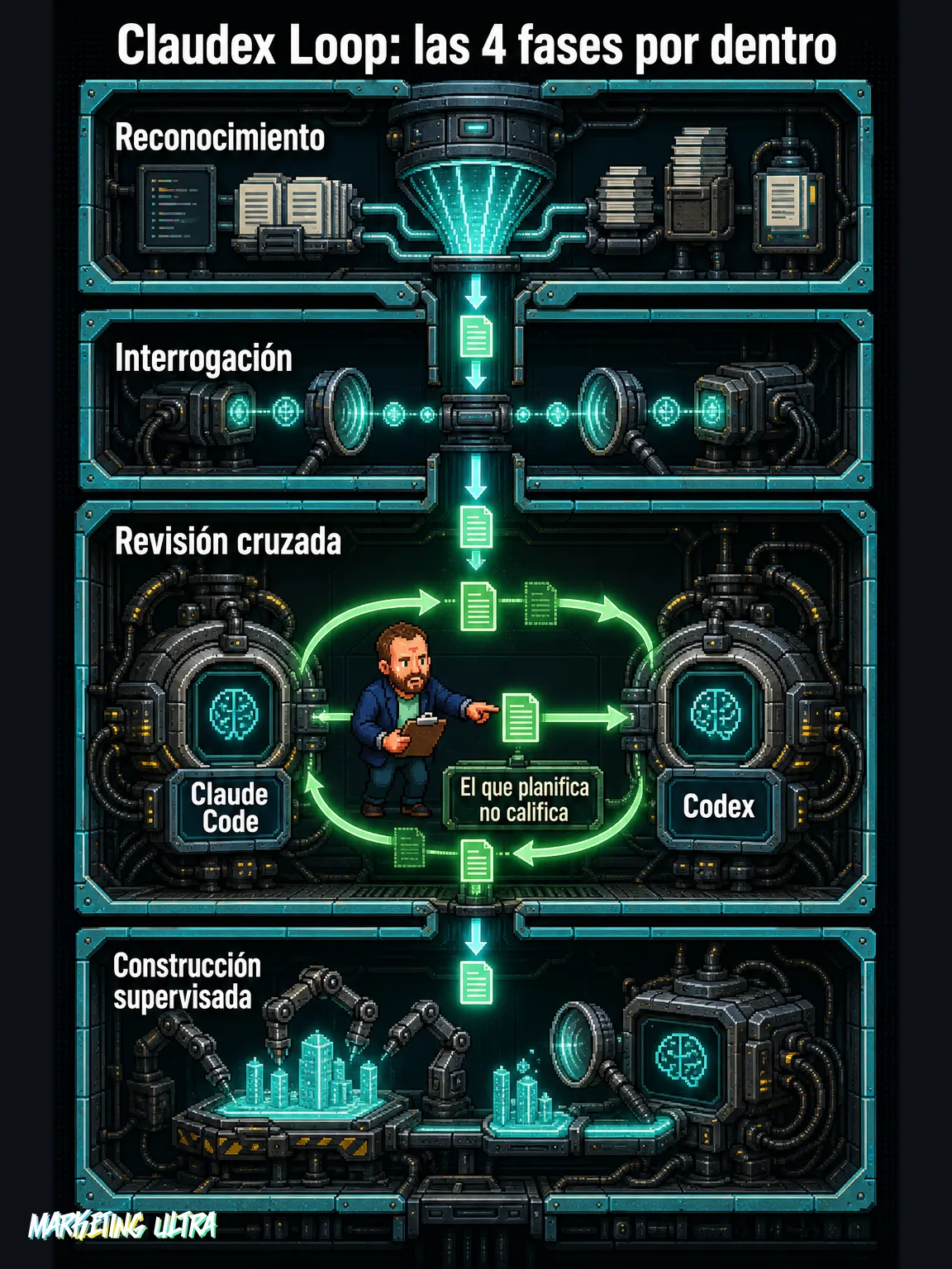 Diagrama de corte de las 4 fases de Claudex Loop; la zona central muestra a Claude Code y Codex intercambiando el plan en bucle