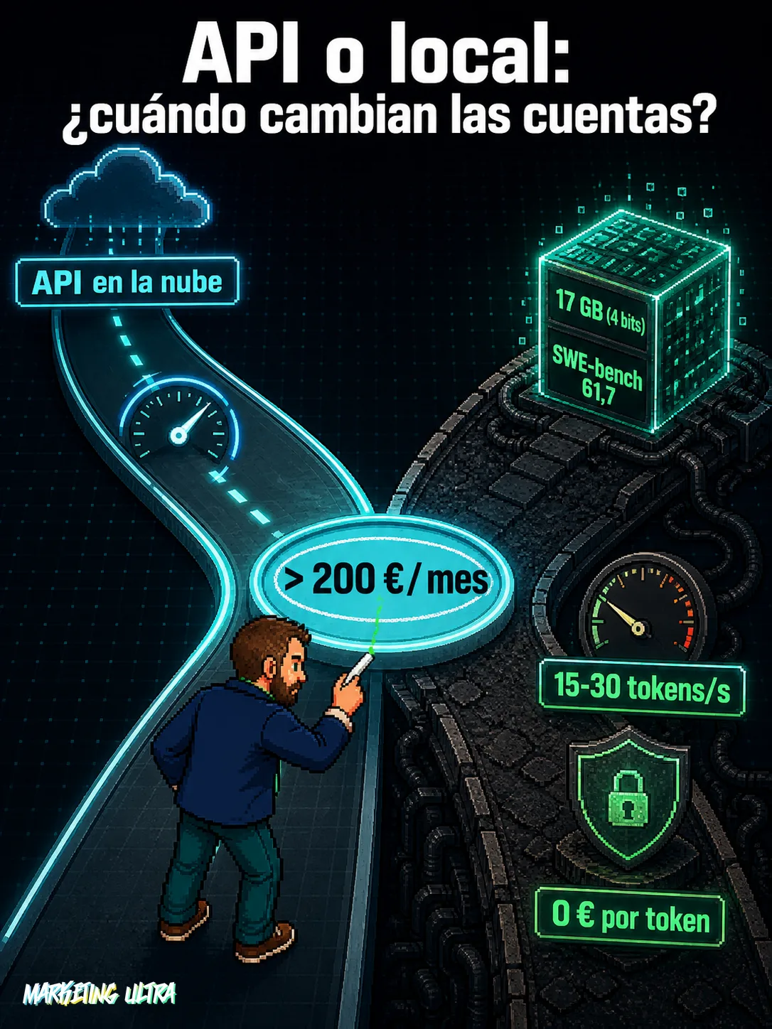Bifurcación entre API de pago y modelo local (0 € por token), con el umbral de 200 €/mes marcado en el nodo central.