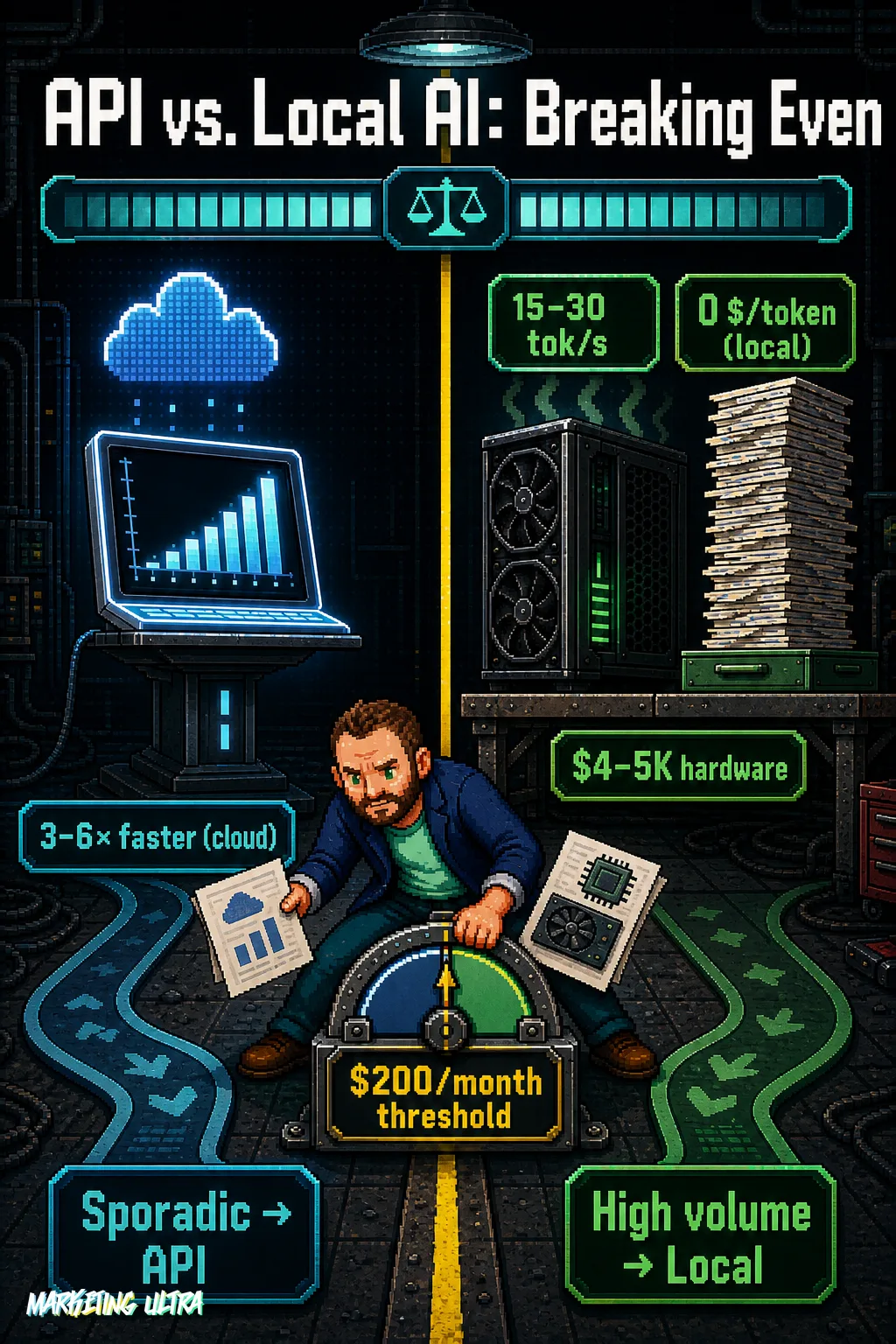 Split workshop: cloud route with rising monthly cost ticker vs. local GPU bench with zero-per-token cost stack; mascot weighs invoices at the breakeven threshold