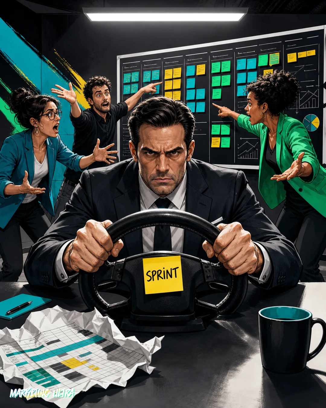 Manager de traje aferrado a un volante de coche en la sala de reuniones mientras su equipo señala el tablero Scrum, sátira del líder que no suelta el control aunque use metodologías ágiles.