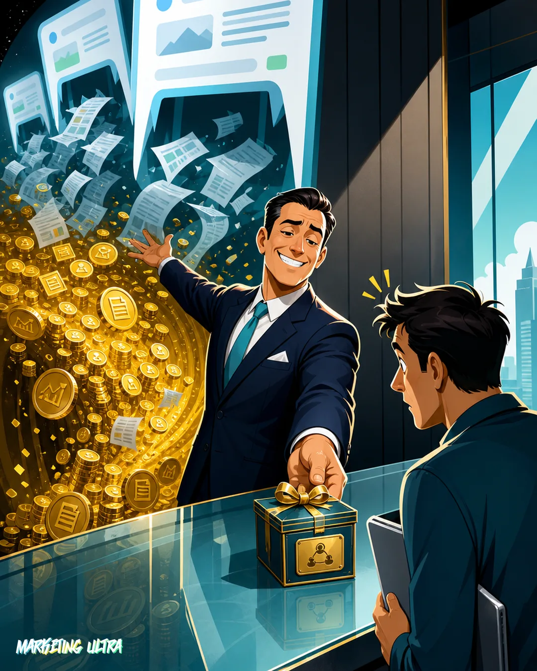 Editorial illustration: a Google executive aboard a cruise ship labeled 'AI Overviews' tosses a life preserver ring marked 'Search Console' to a content creator treading water amid sunken blog pages, social media platform icons glowing like lighthouses on the horizon.