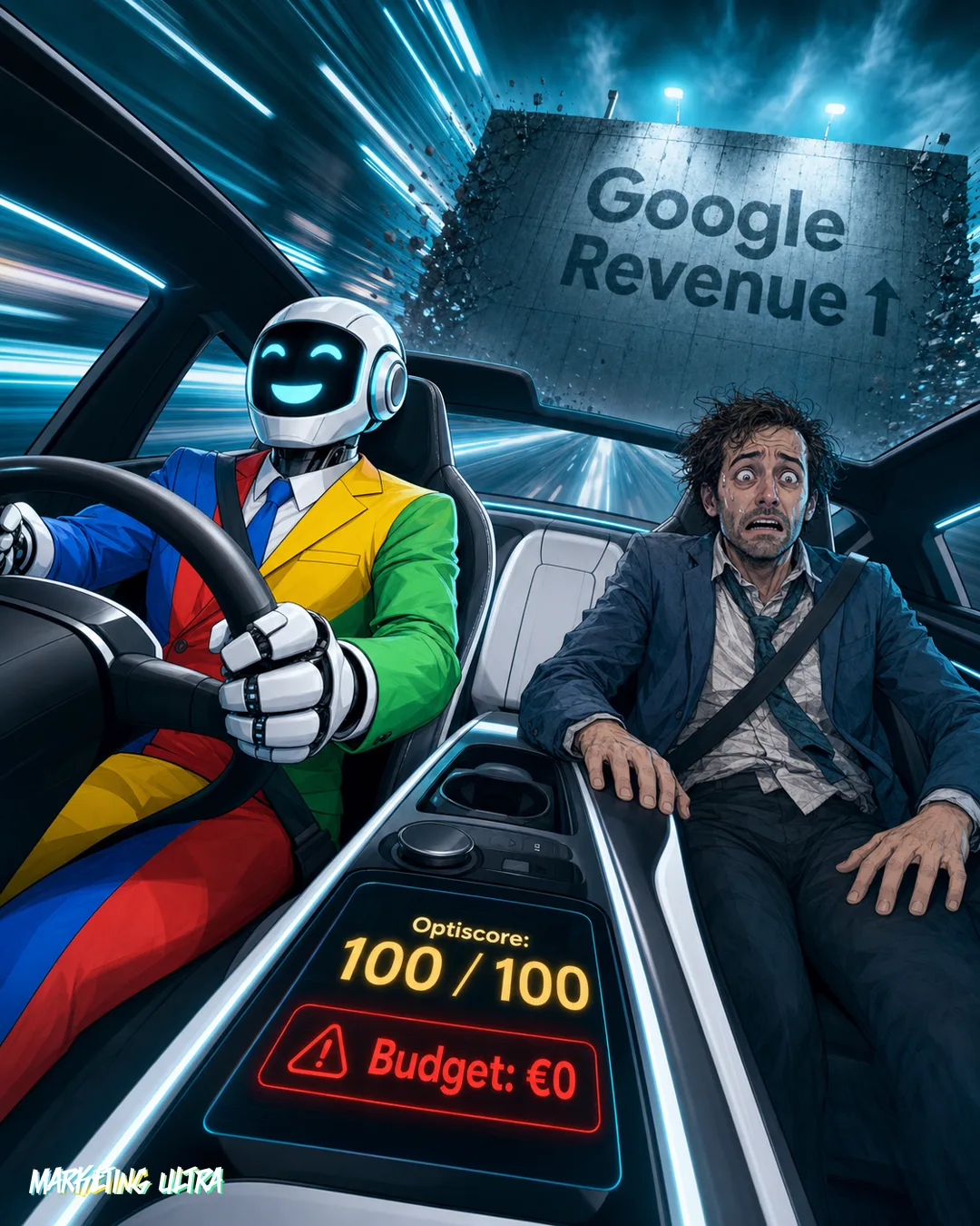 Ilustración irónica: un robot con traje de Google conduce el coche mientras el marketer, de pasajero, observa el presupuesto a cero y el optiscore perfecto en el salpicadero.