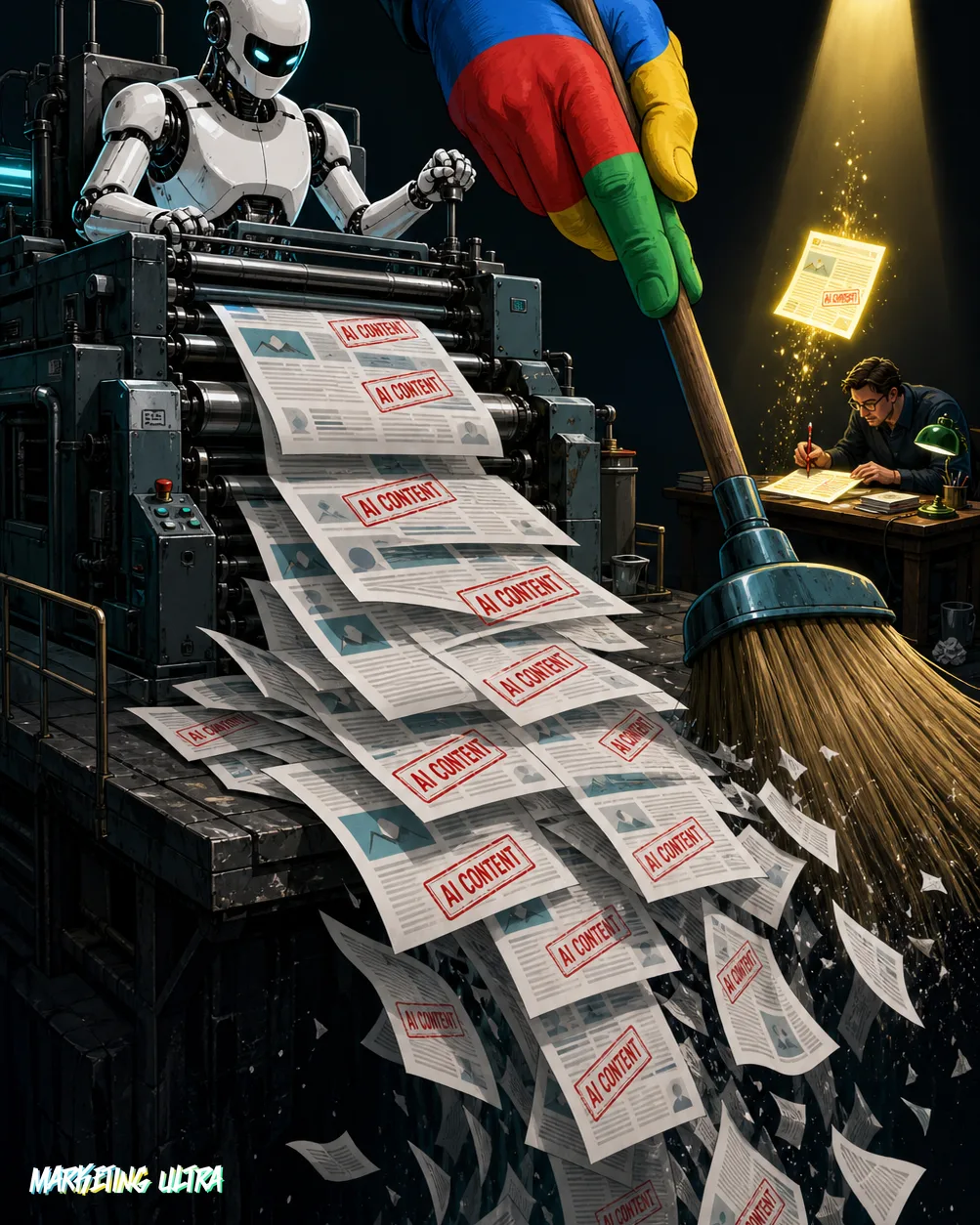 Ilustración irónica: un robot imprime miles de páginas de contenido IA que una mano gigante barre hacia un vacío oscuro, mientras un humano con bolígrafo rojo edita una sola página que asciende iluminada hasta la posición número 1.