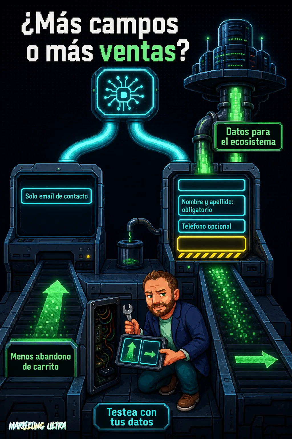 Infografía: dos rutas del checkout separadas por campos mínimos hacia más conversiones y campos extra hacia datos del ecosistema Shopify
