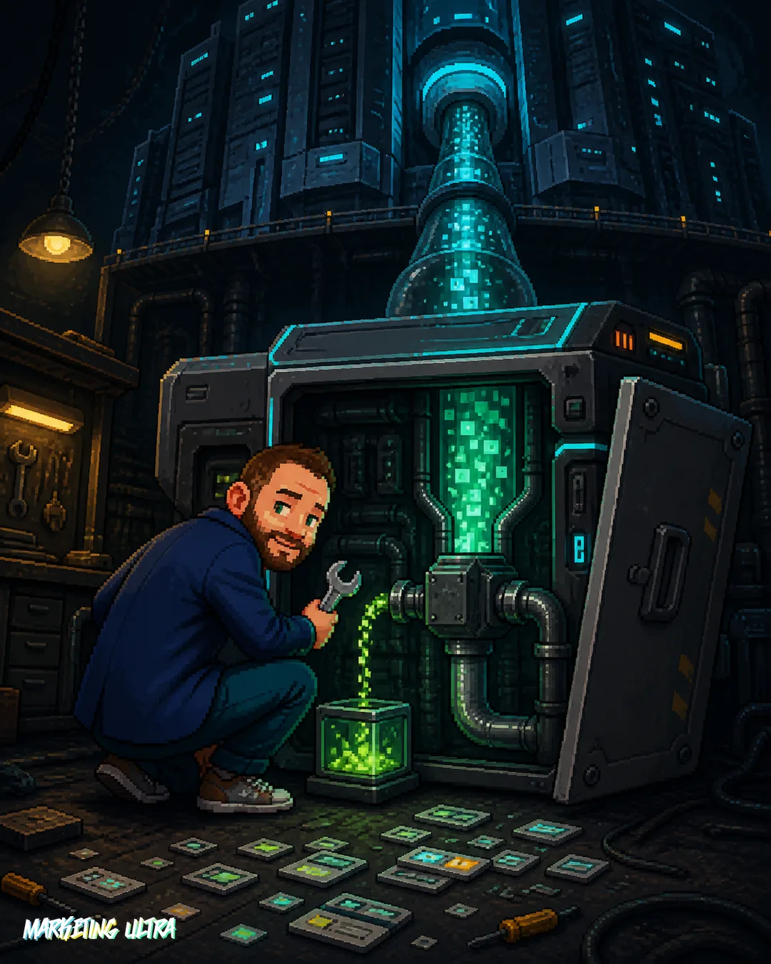 La mascota abre con una llave el panel de una máquina de checkout y descubre que la mayor tubería de datos sube hacia una enorme estructura corporativa