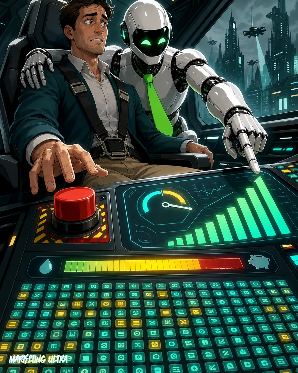 Illustration of a merchant paralyzed in front of a panel of 150 glowing buttons while behind them a massive AI data pipeline silently funnels all their product data up to floating AI assistants.
