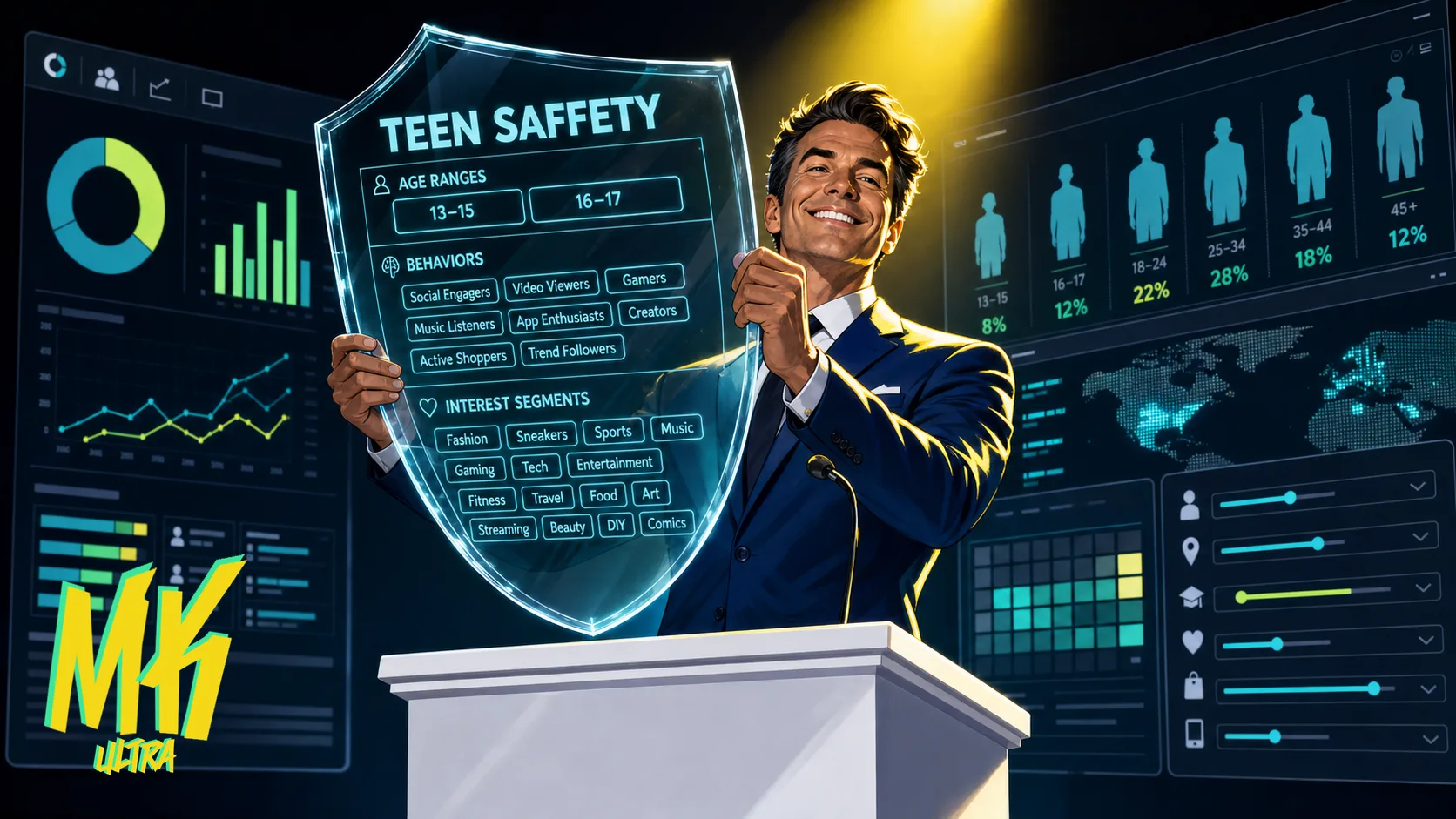 Ejecutivo en traje presentando con orgullo un escudo de 'seguridad teen' que por dentro está grabado con parámetros de segmentación publicitaria, mientras pantallas de Meta Ads iluminan el fondo en azul.