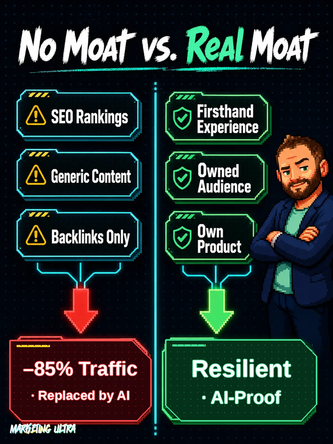 Two-column comparison diagram: left side 'No Moat' with SEO Rankings, Generic Content and Backlinks Only arrows down to –85% traffic replaced by AI; right side 'Real Moat' with Firsthand Experience, Owned Audience and Own Product arrows down to resilient and AI-proof.