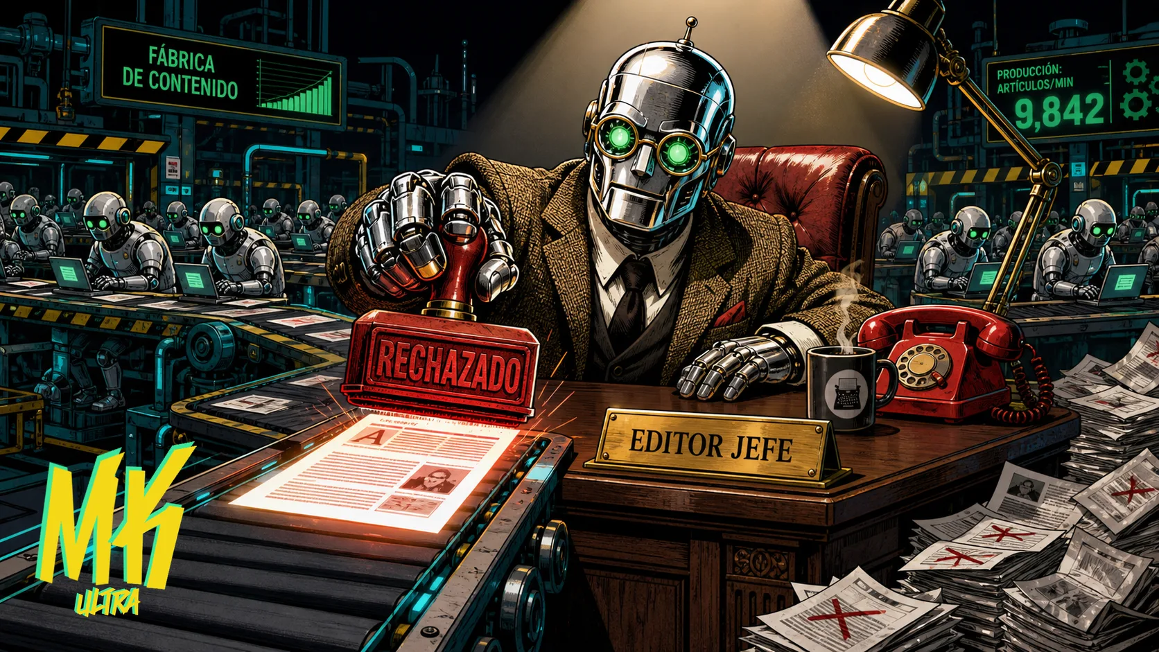 Ilustración: robot con chaqueta de editor sella 'Rechazado' en artículos que llegan por cinta transportadora, mientras al fondo una fábrica de robots redactores produce contenido sin parar y sin criterio.