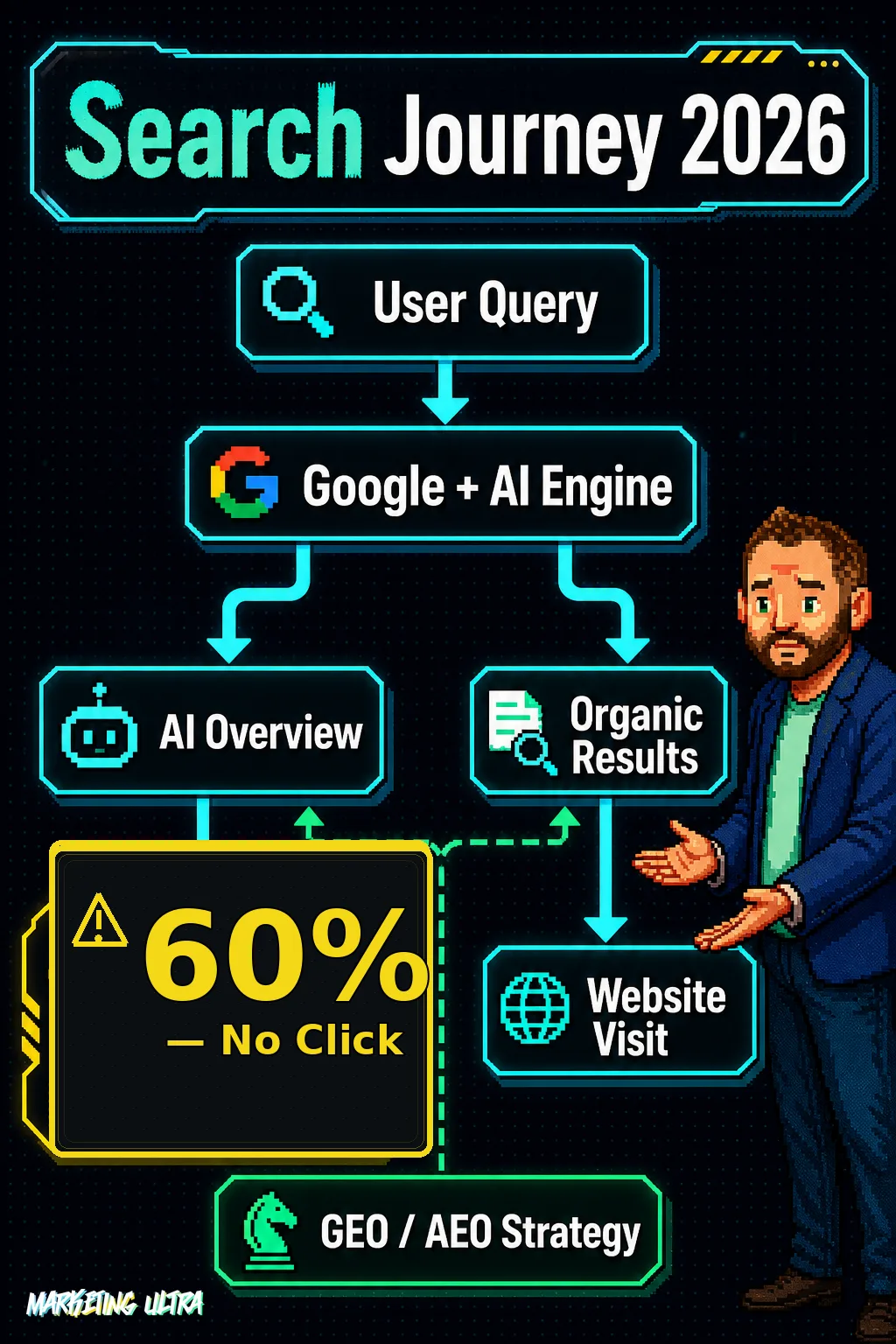 Vertical flow diagram of a search query journey in 2026: from user query through an AI-powered search engine, branching into AI Overview (60% no-click dead end) and organic results leading to a website visit, with GEO/AEO strategy as the optimization input on both paths.