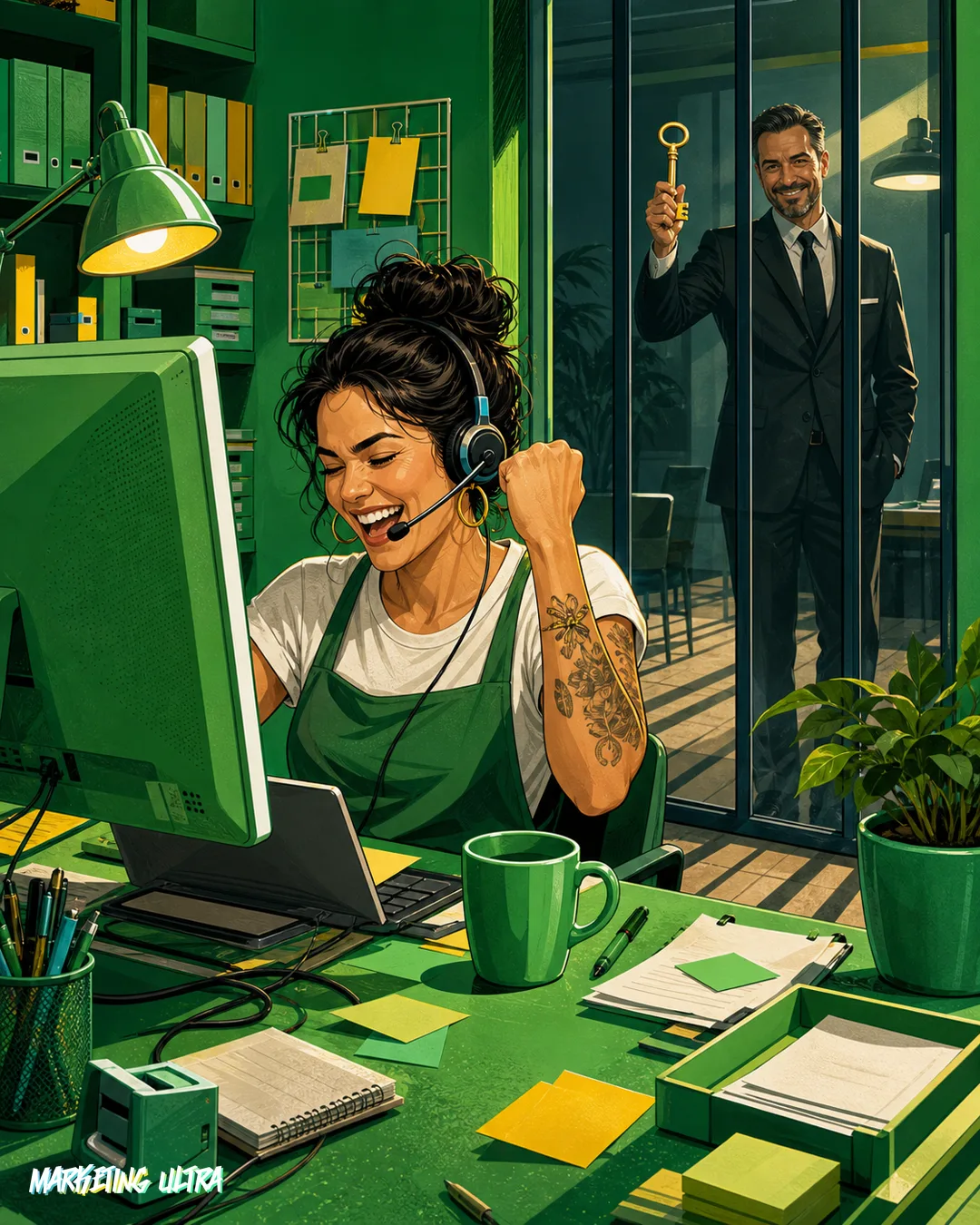 Ilustración irónica: emprendedor celebrando con auriculares en una oficina completamente verde WhatsApp, mientras un ejecutivo de Meta observa desde el otro lado del cristal sosteniendo las llaves del local.