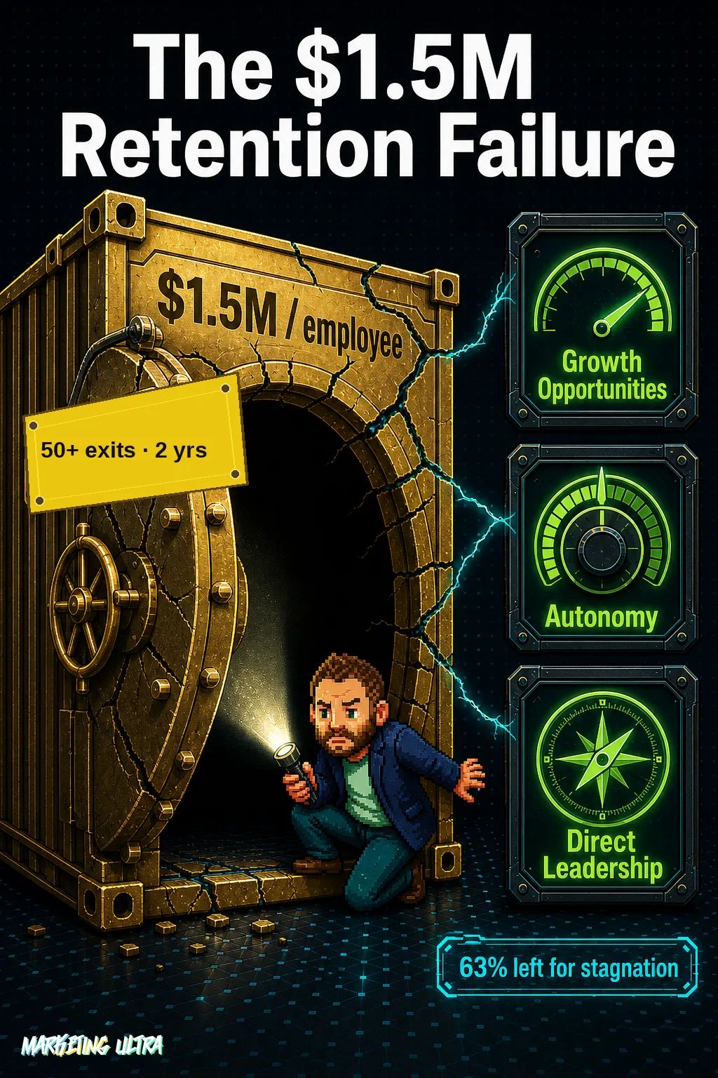 Mascot shines a flashlight into a cracked, hollow golden vault while three lime-green instrument panels on the right reveal the real retention factors.