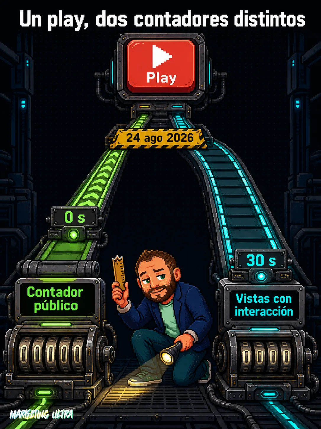 Bifurcación arcade desde un botón Play: pista izquierda cuenta desde 0 s, pista derecha exige 30 s de atención real.
