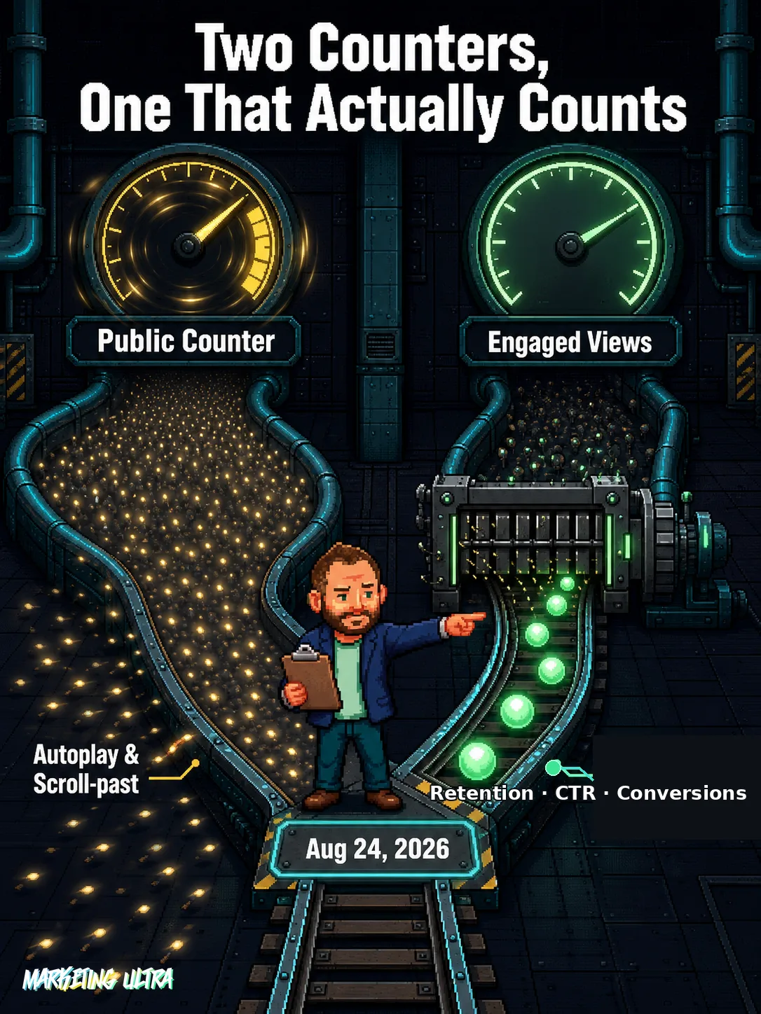Industrial fork: public counter flooded with tiny dim sparks on the left, Engaged Views filter passing bright orbs on the right. Mascot at the junction points firmly toward the quality path.